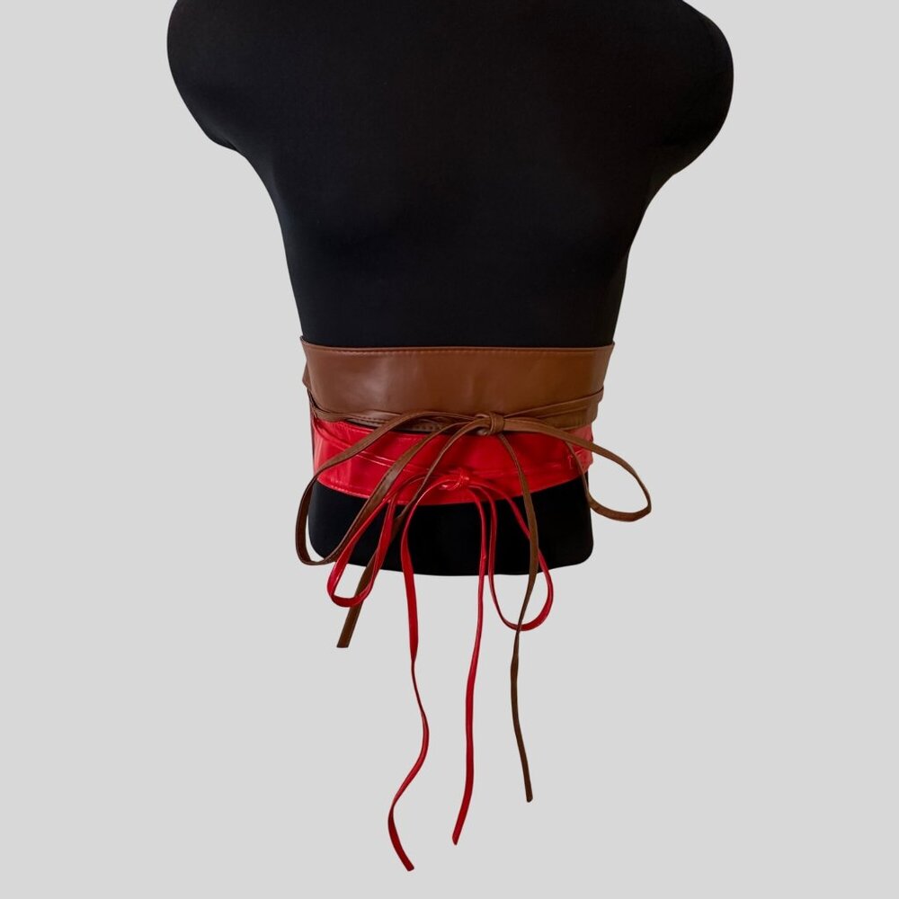 LOT of 2 Red and Brown Faux Leather Wrap Belts Long Ties Adjustable Fit - Picture 3 of 8